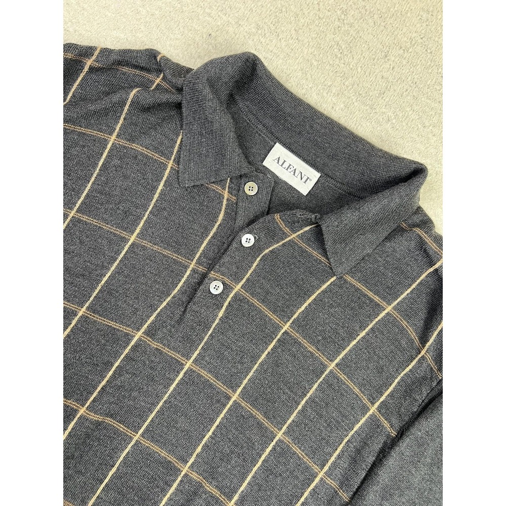 Alfani Sweater Mens Large Charcoal Windowpane Knit Long Sleeve Polo‎ Banded Hem